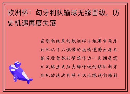 欧洲杯：匈牙利队输球无缘晋级，历史机遇再度失落