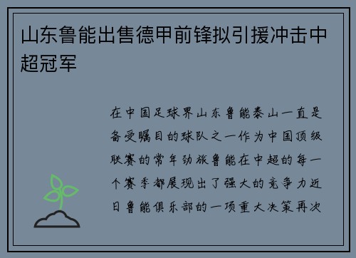 山东鲁能出售德甲前锋拟引援冲击中超冠军